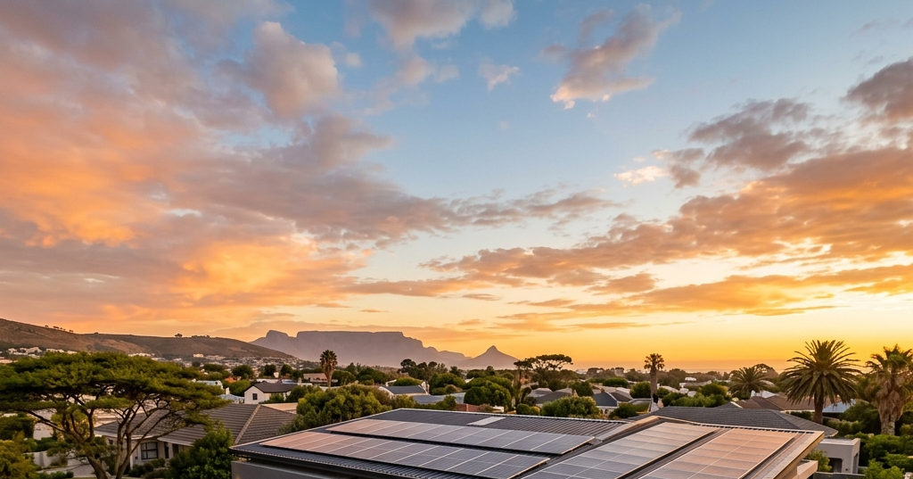 Modern South African home with solar panels, Cape Town sunset with Table Mountain